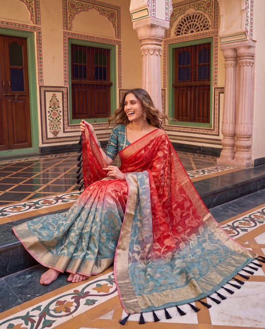 Premium Viscose Georgette Saree with Rich Zari Weaving & Running Blouse