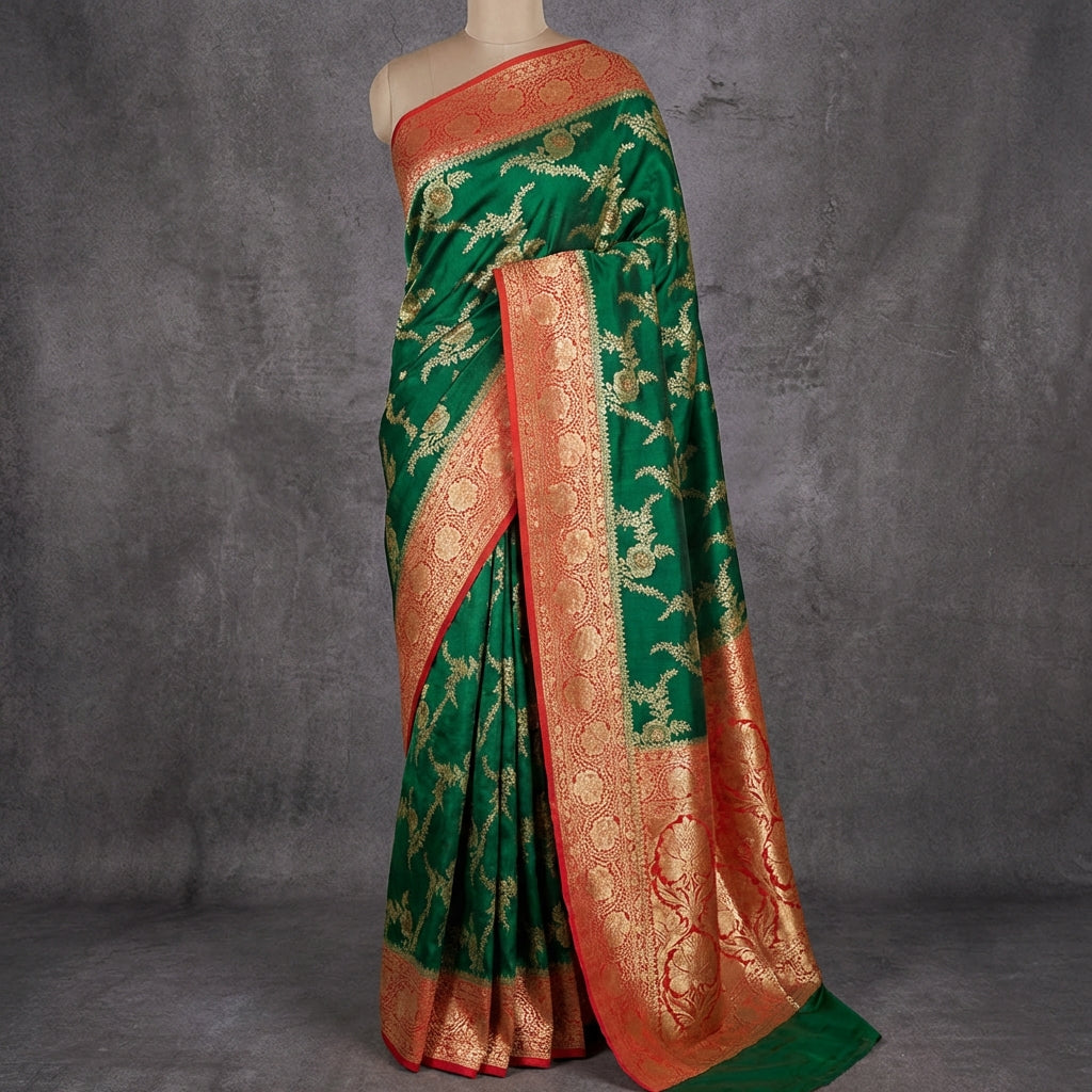 Emerald Green Saree with Rich Red Zari Border