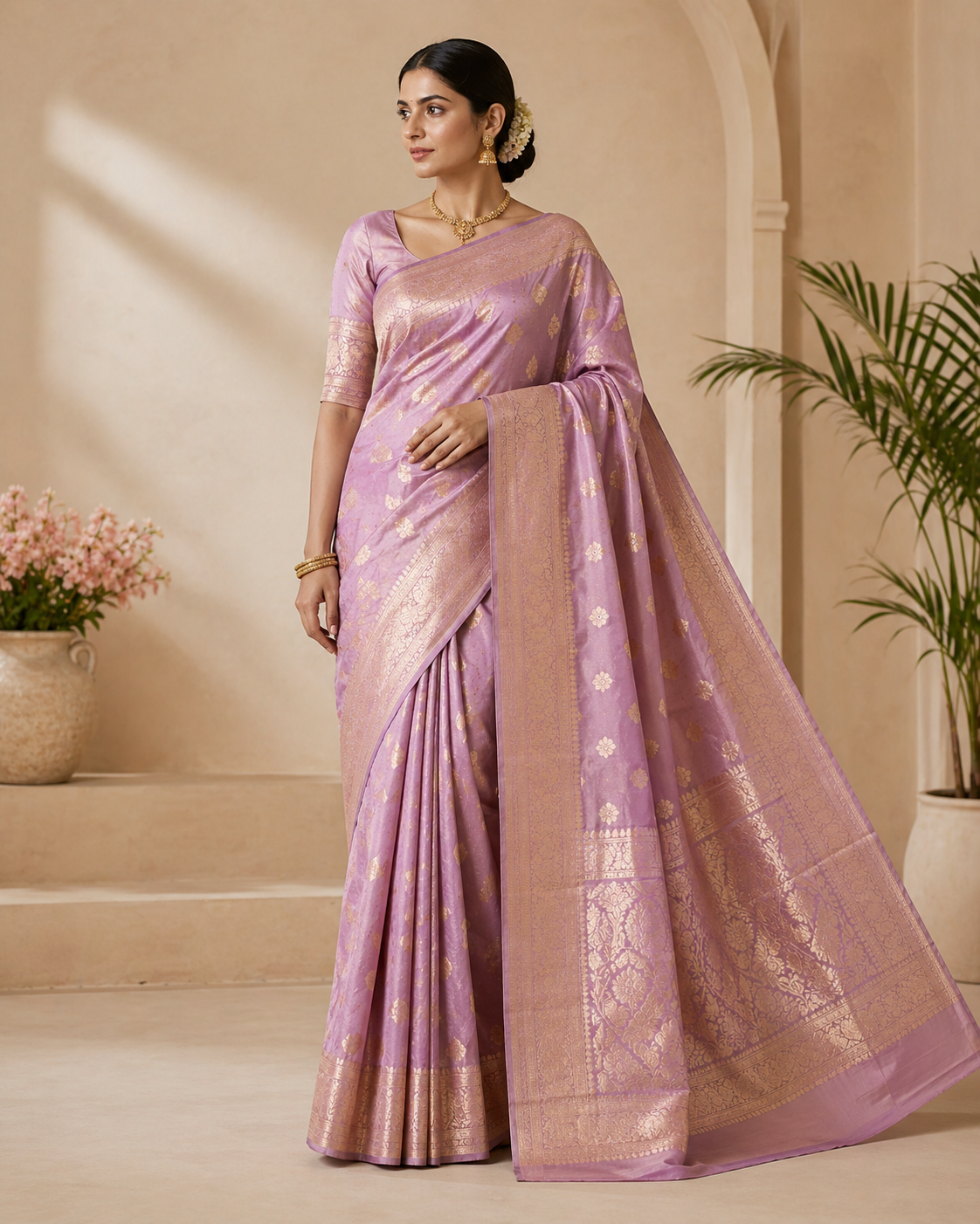 Lavender Silk Saree with Gold Zari Detailing
