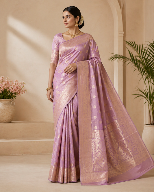 Lavender Silk Saree with Gold Zari Detailing