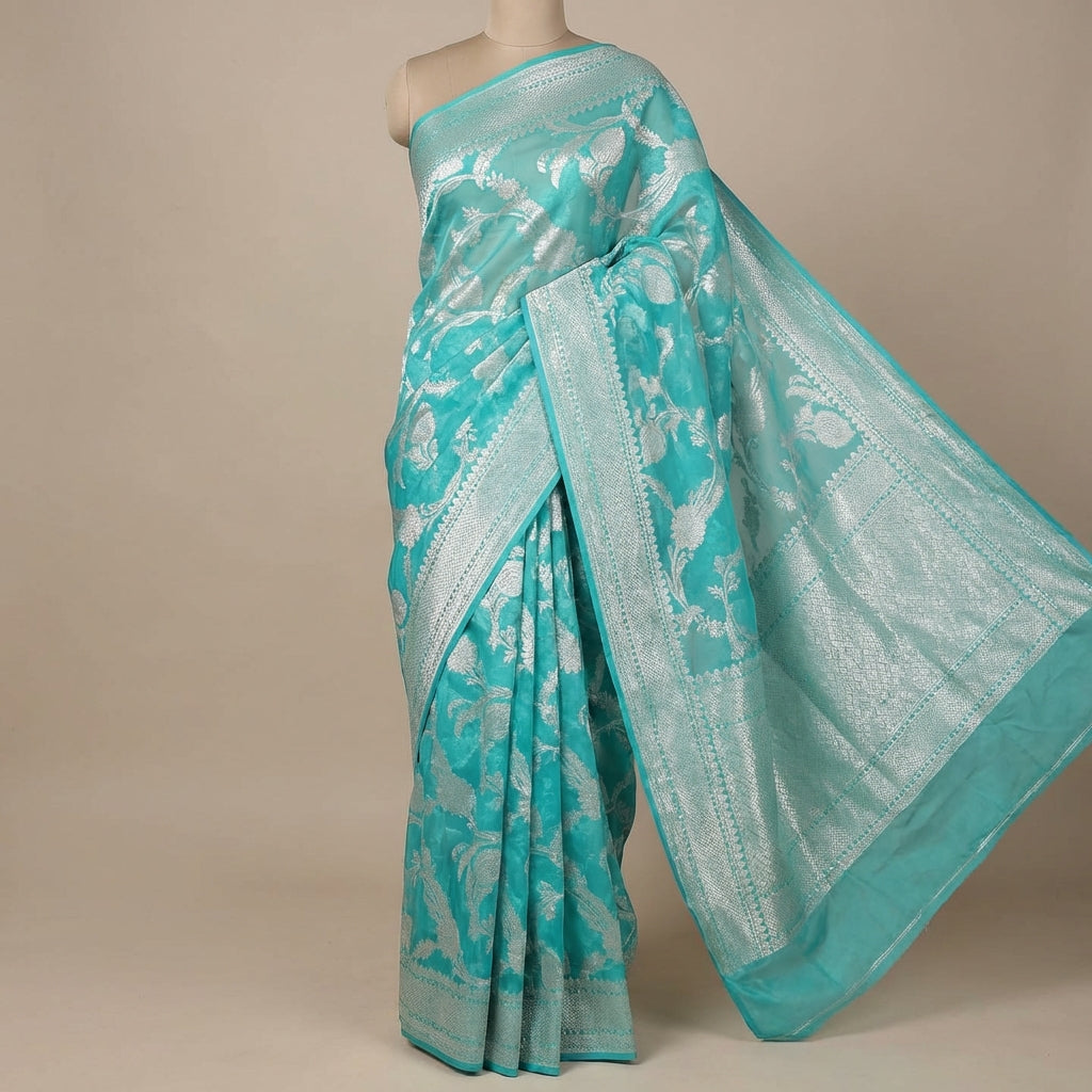 Mint Green Silk Saree with Silver Zari Work