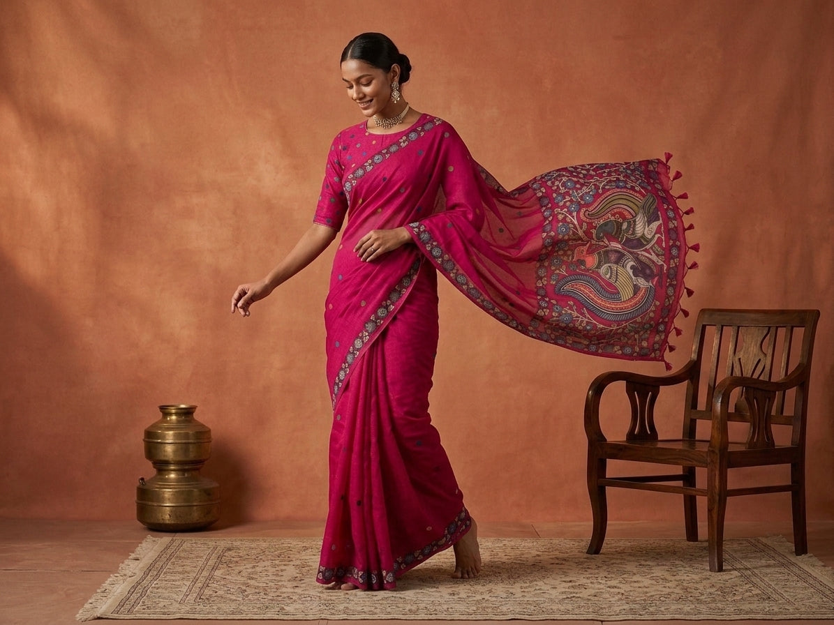 Sanskriti Jamdani Kalamkari Fusion Saree