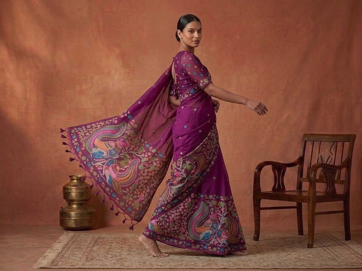 Sanskriti Jamdani Kalamkari Fusion Saree