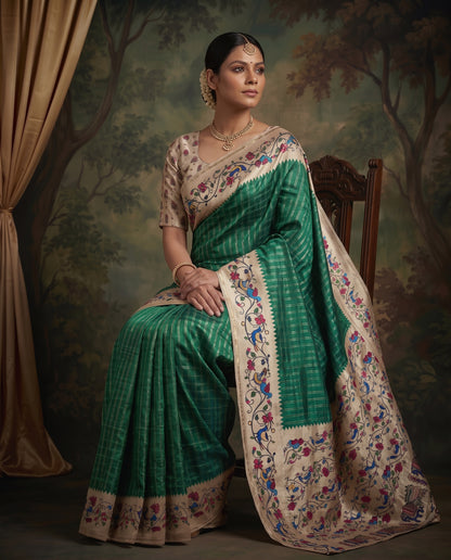 Premium Vintage Tanjore Print Semi Dola Silk Saree
