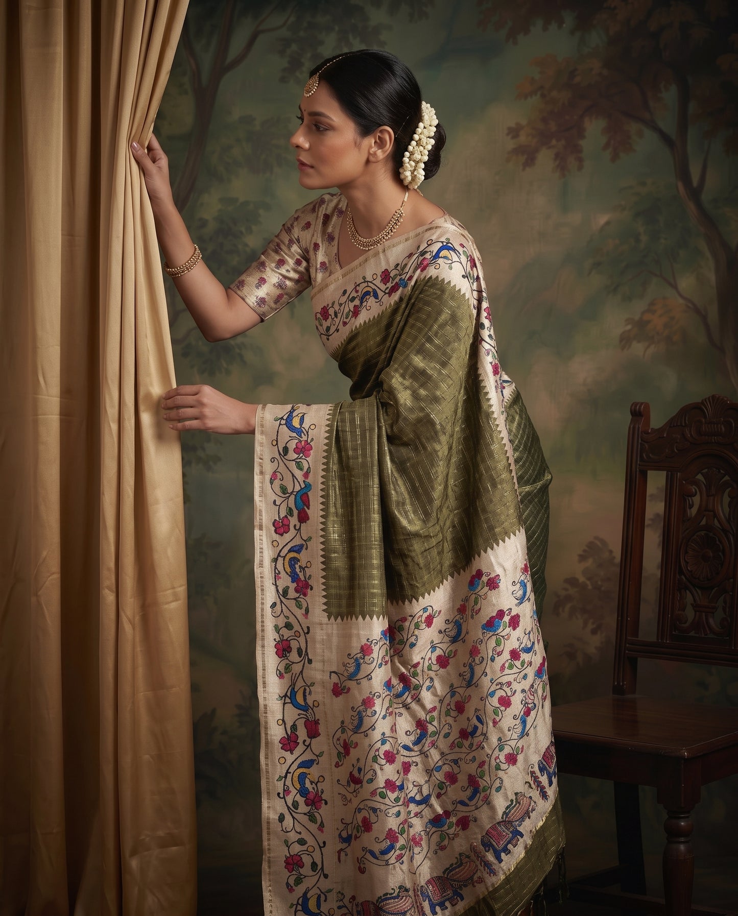 Premium Vintage Tanjore Print Semi Dola Silk Saree