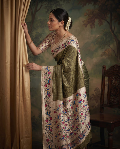 Premium Vintage Tanjore Print Semi Dola Silk Saree