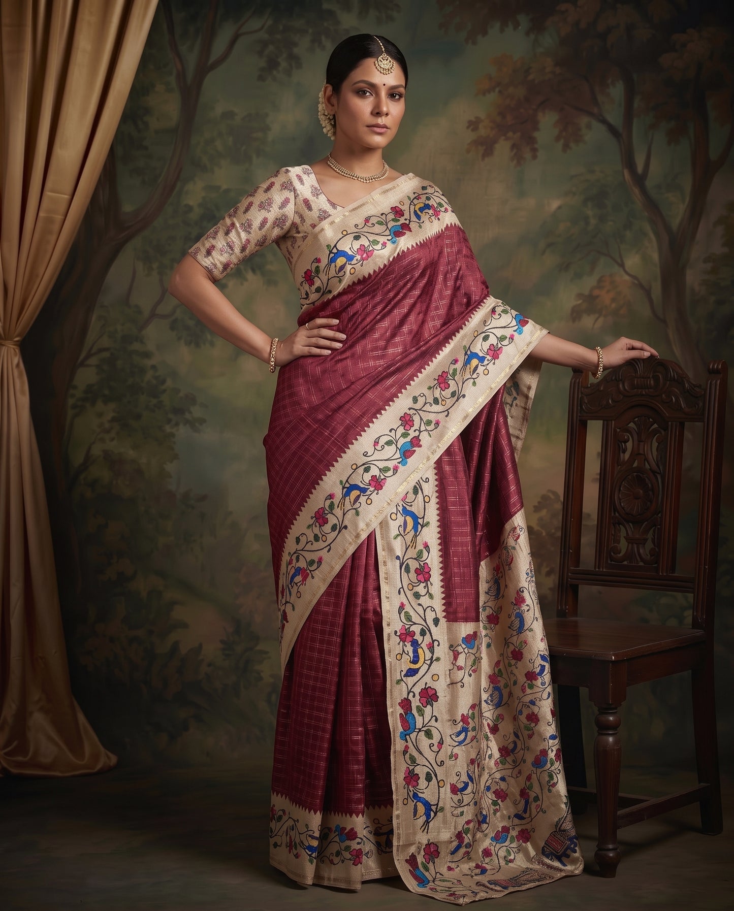 Premium Vintage Tanjore Print Semi Dola Silk Saree