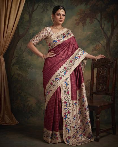 Premium Vintage Tanjore Print Semi Dola Silk Saree