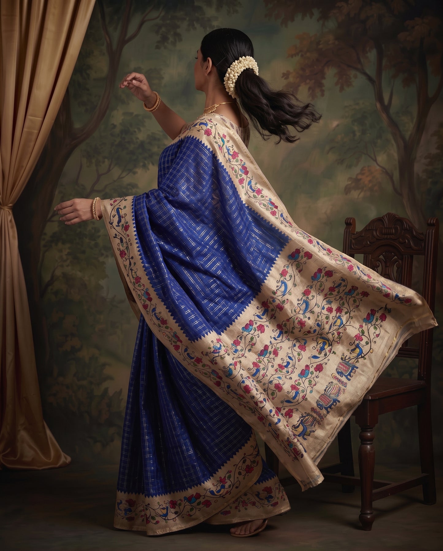 Premium Vintage Tanjore Print Semi Dola Silk Saree