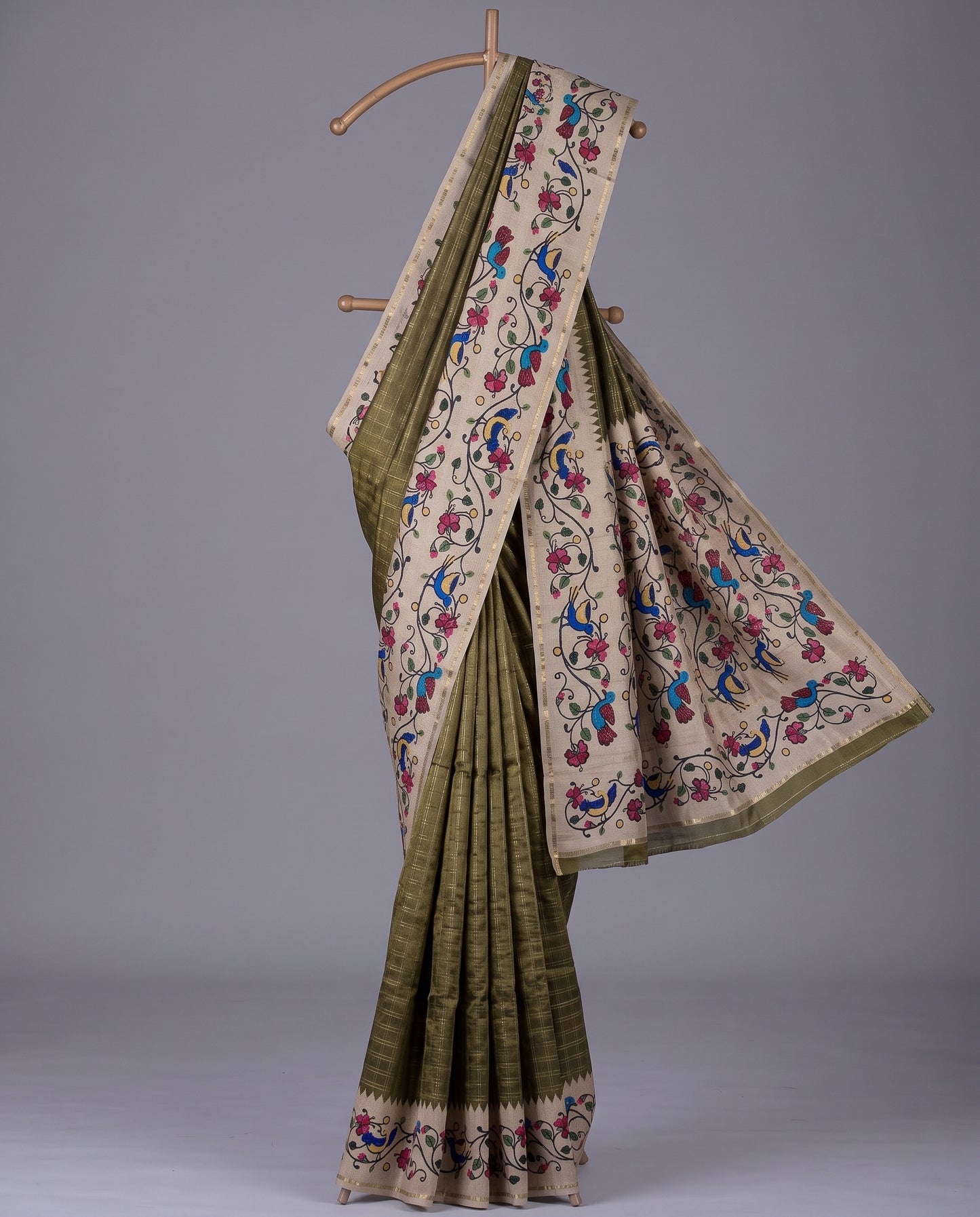 Premium Vintage Tanjore Print Semi Dola Silk Saree