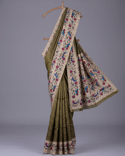 Premium Vintage Tanjore Print Semi Dola Silk Saree