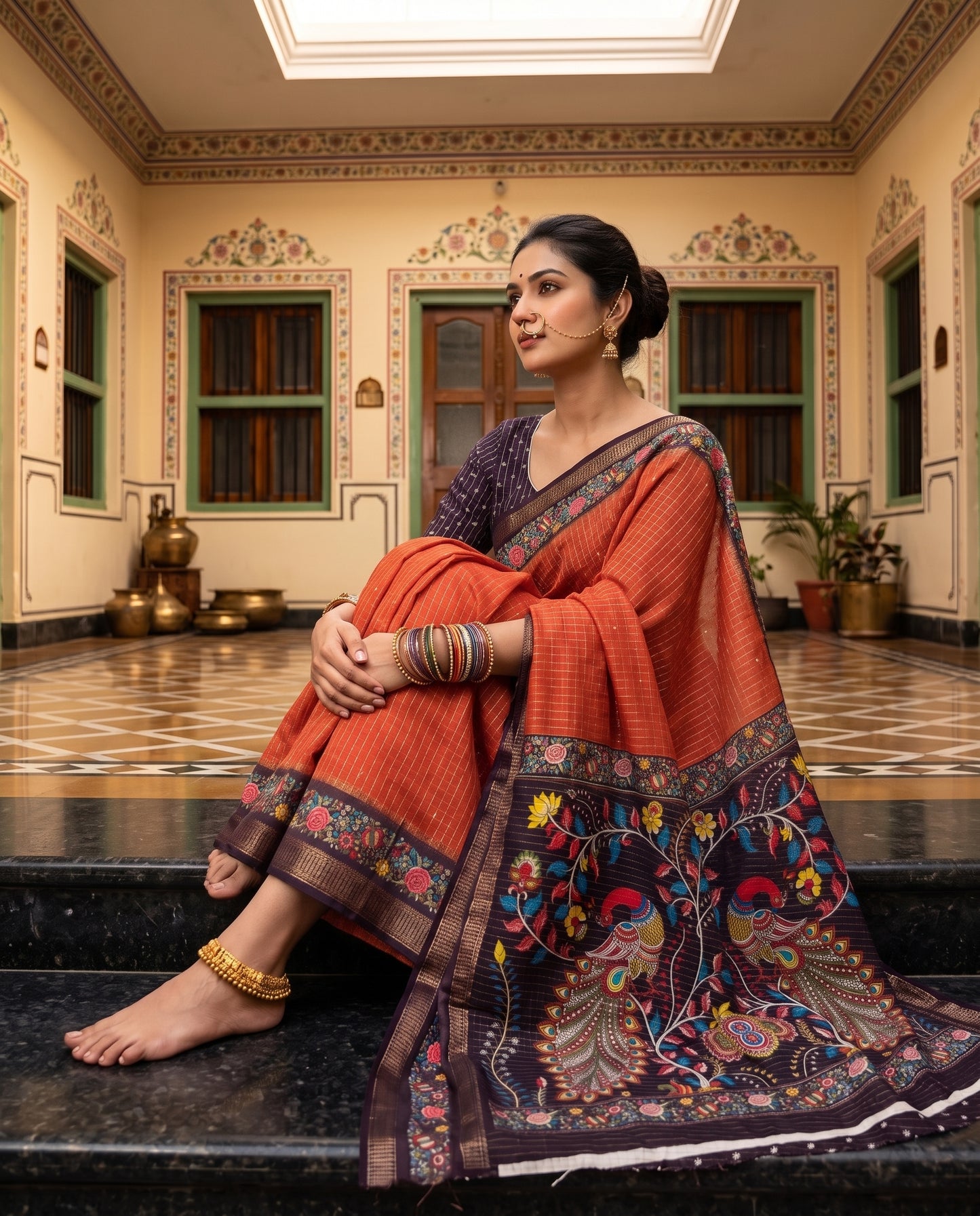 Premium Peacock Pallu Designer Saree with Woven Floral Border