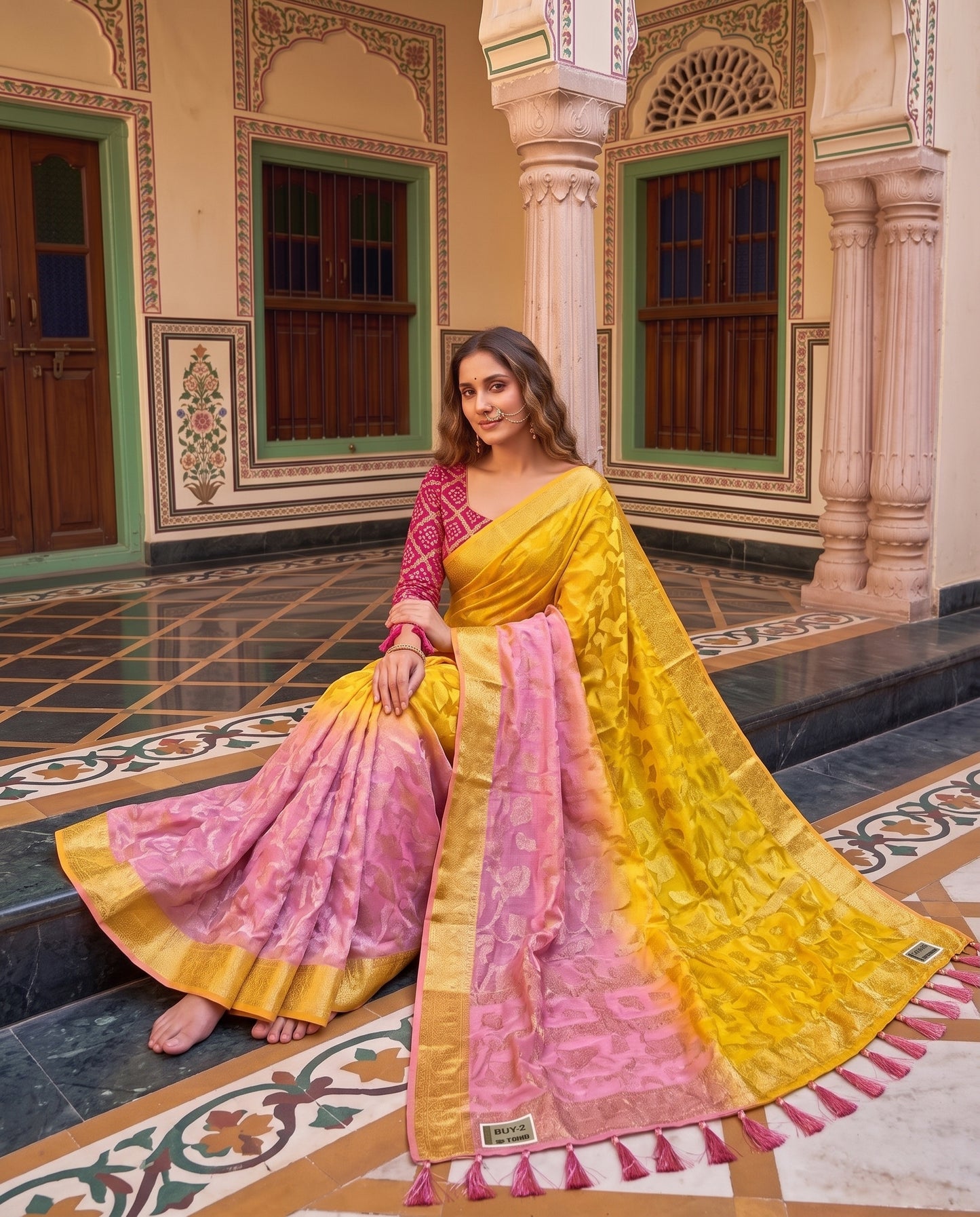 Premium Viscose Georgette Saree with Rich Zari Weaving & Running Blouse