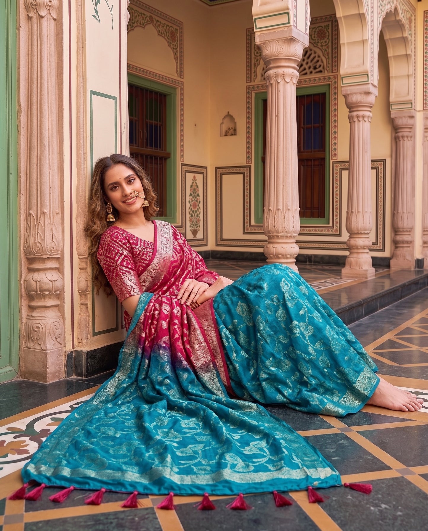 Premium Viscose Georgette Saree with Rich Zari Weaving & Running Blouse