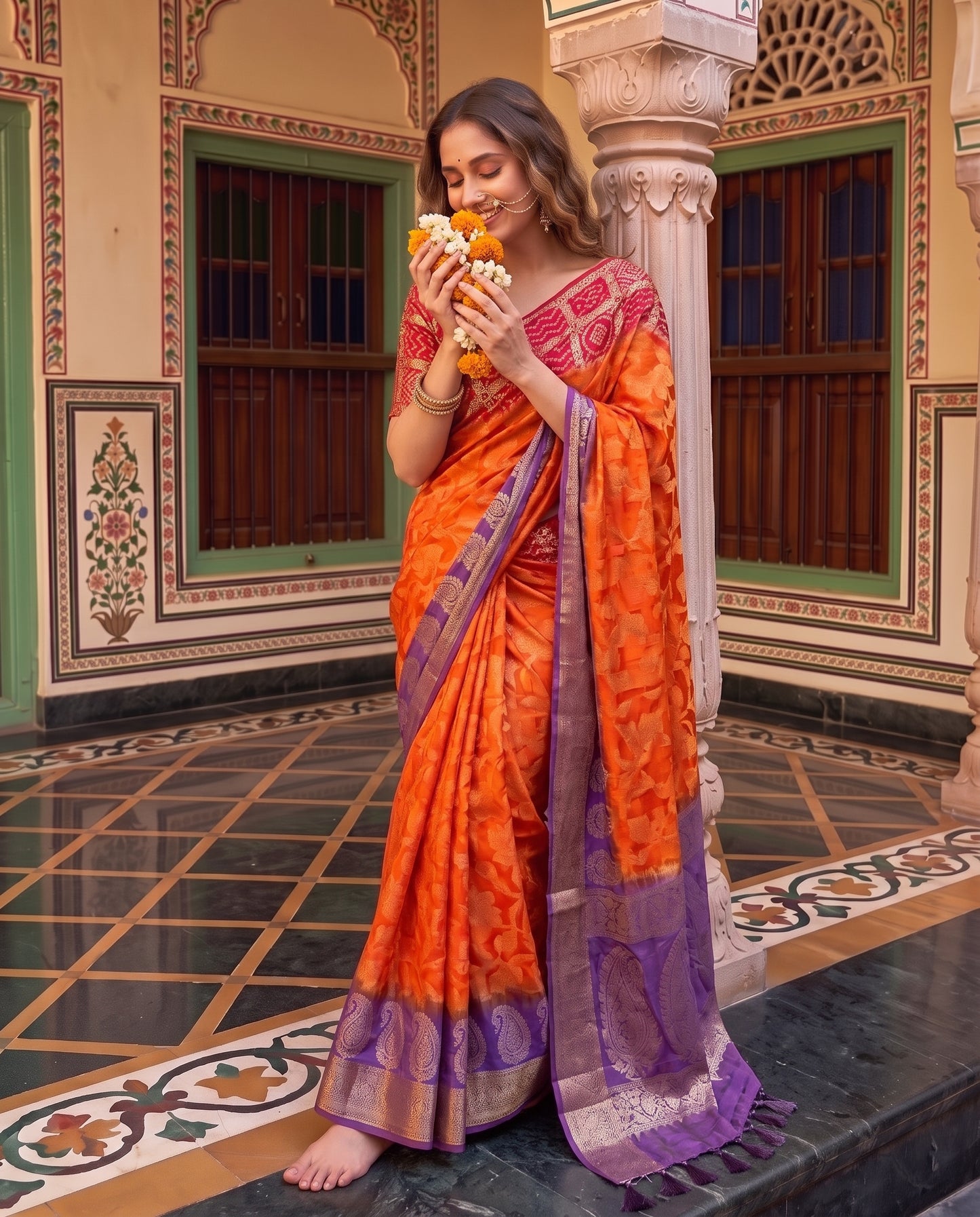 Premium Viscose Georgette Saree with Rich Zari Weaving & Running Blouse