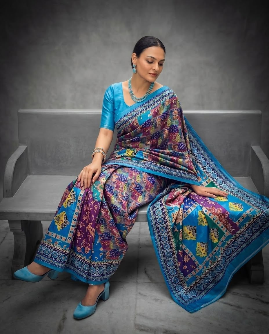 Azure Bloom Digital Crepe Saree